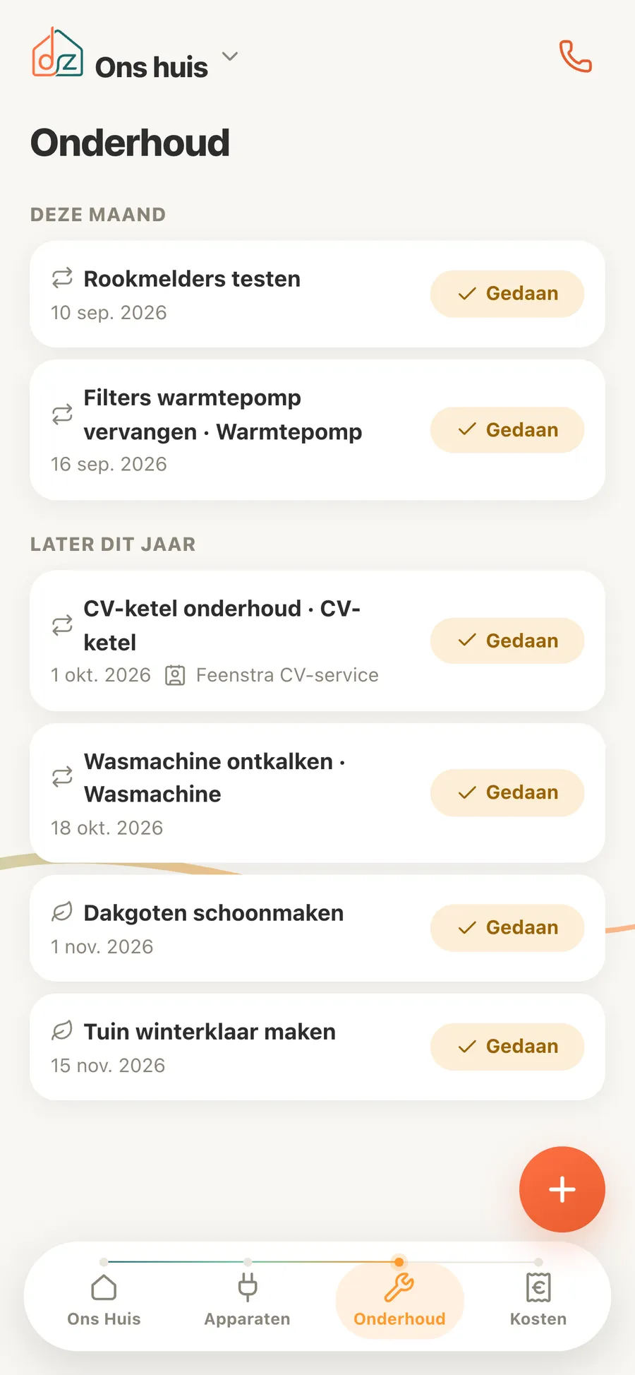 Domeaz — onderhoudsoverzicht met terugkerende klussen